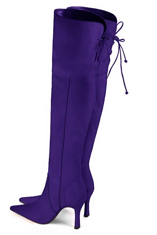 Violet purple women's leather thigh-high boots. Pointed toe. Very high spool heels. Made to measure. Rear view - Florence KOOIJMAN